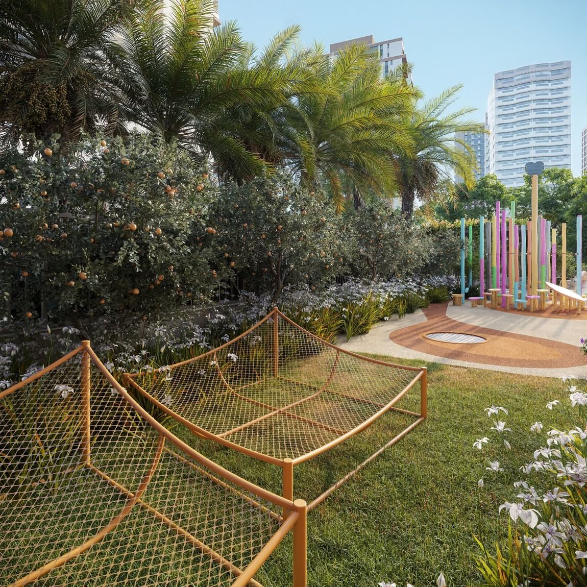 Pomar com laranjeiras e redes junto ao playground do Kronos by Tegra Barra da Tijuca