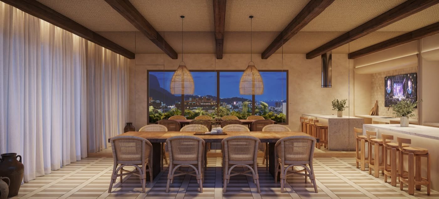Espaço gourmet com mesa de jantar e vista noturna no Kronos by Tegra Barra da Tijuca