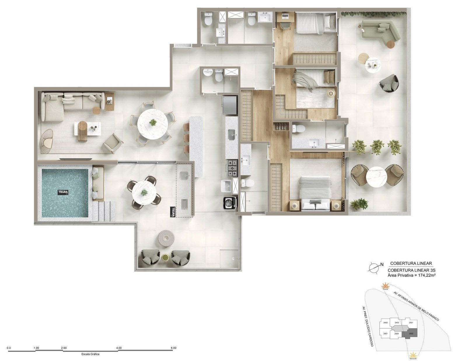 Planta da cobertura linear de 3 suítes com 174 m² do Kronos by Tegra Barra da Tijuca