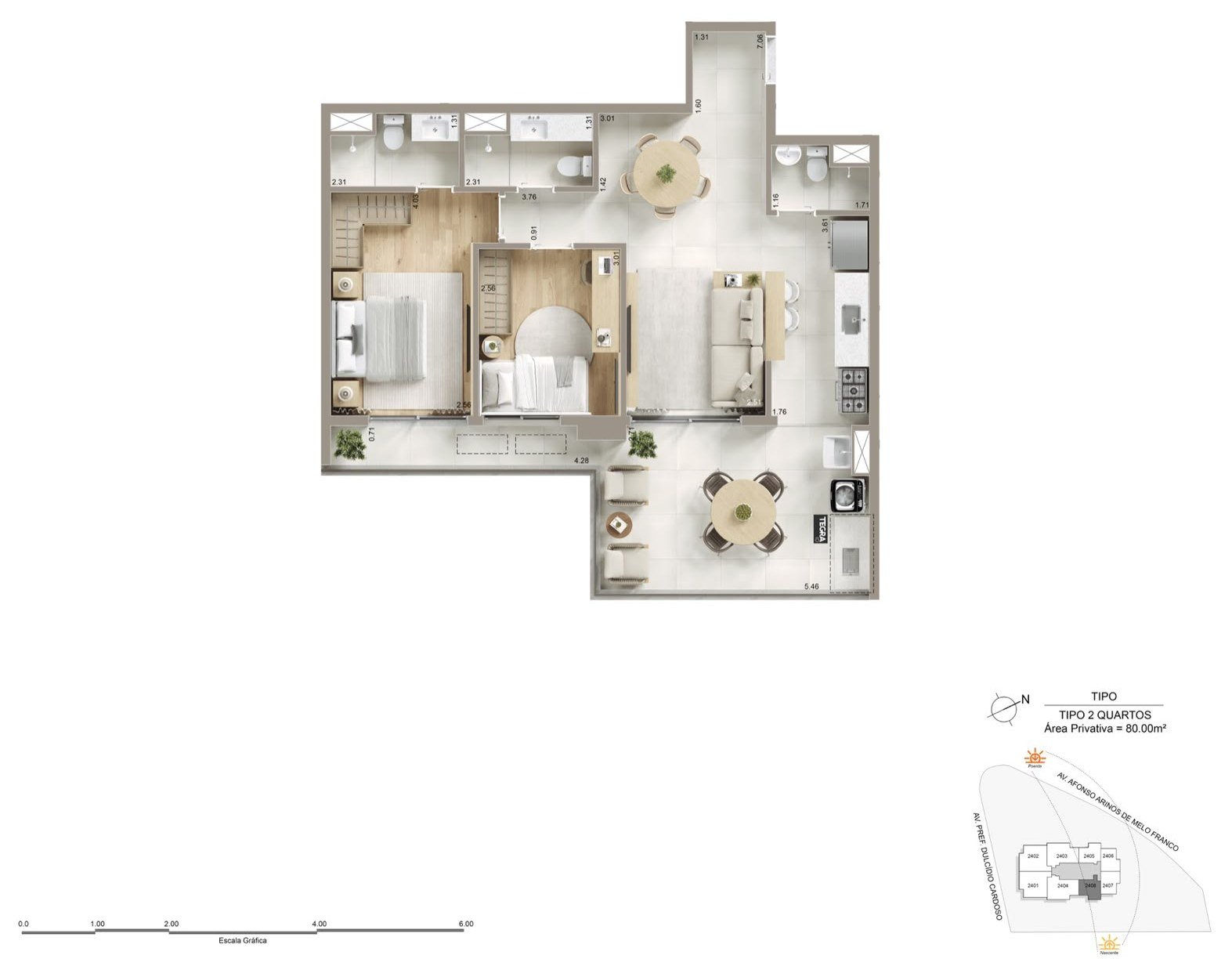Planta do apartamento de 2 quartos com 1 suíte, de 77 a 81 m², do Kronos by Tegra Barra da Tijuca