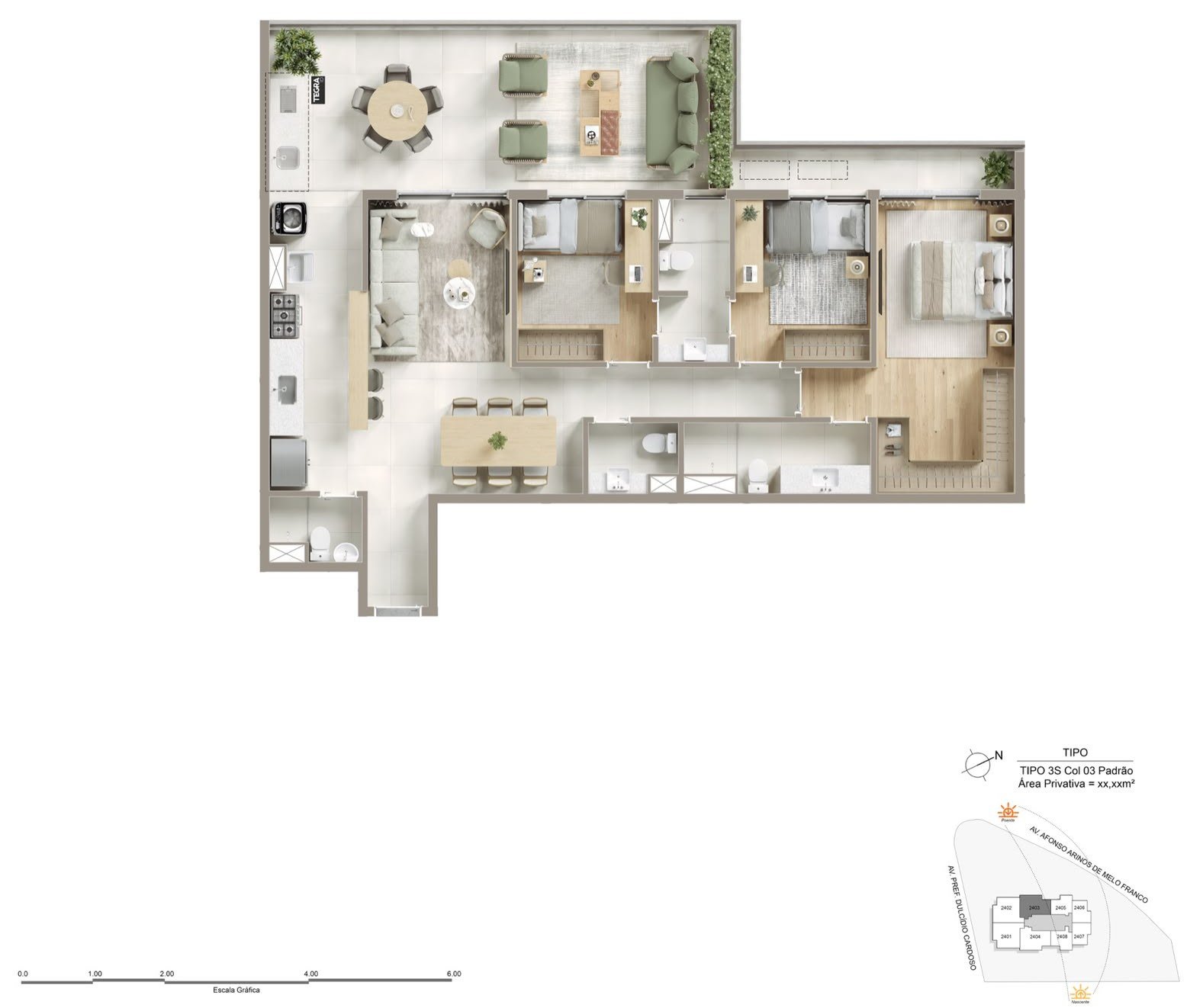 Planta do apartamento de 3 suítes com 120 m² do Kronos by Tegra Barra da Tijuca