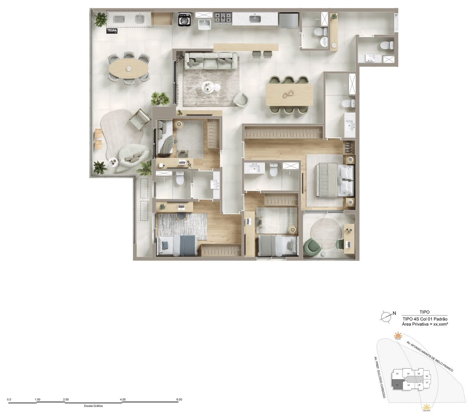 Planta do apartamento de 4 suítes, de 146 a 147 m², do Kronos by Tegra Barra da Tijuca